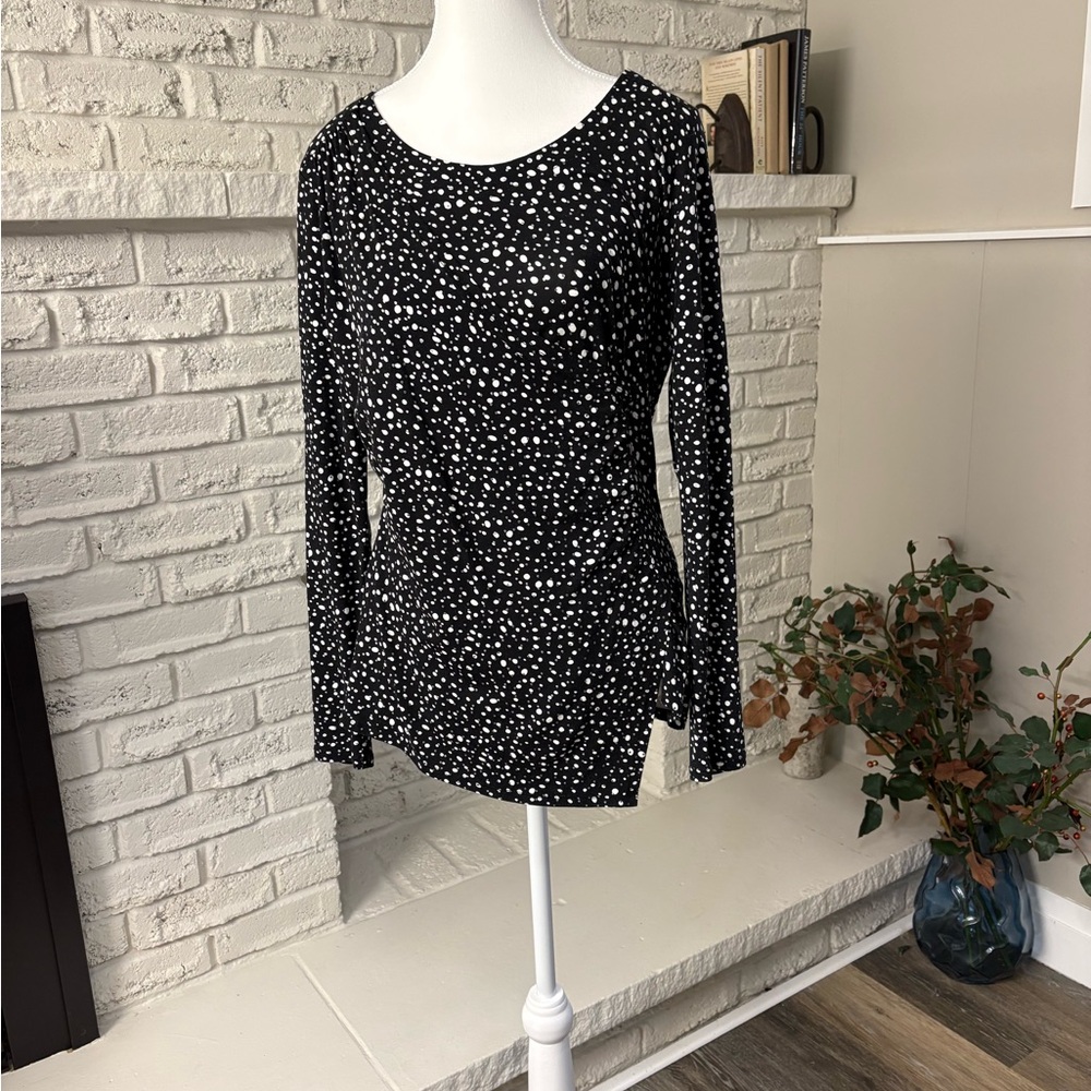 Haggar Black Long Sleeve Scoop Neck Scattered Polka Dot Top Pattern Blouse M